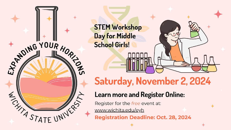 Images of sun rising over horizon in flask with words "Expanding Your Horizons Wichita State University" alongside text "STEM Workshop Day for Middle School Girls!", "Saturday, November 2, 2024; Learn more and Register Online: Register for the free event at: www.wichita.edu/eyh; Registration deadline: Oct. 28, 2024"