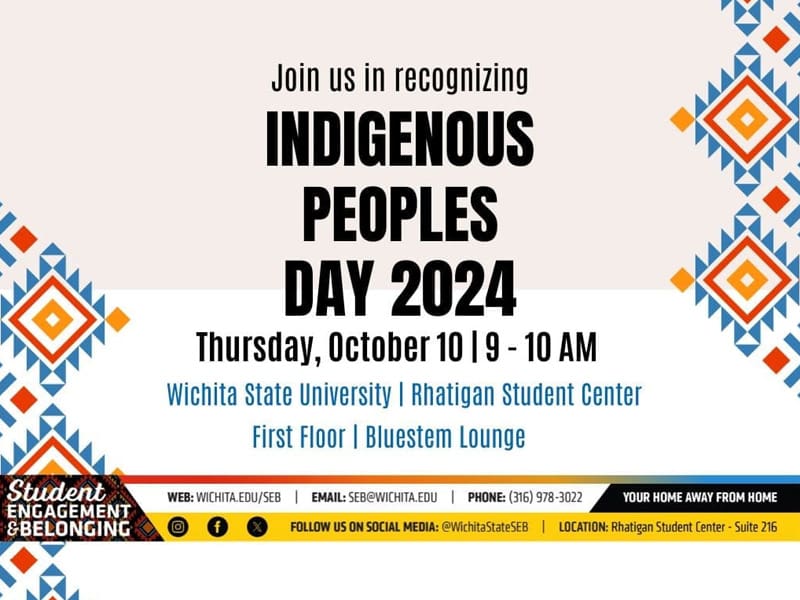 A flyer displaying American Indian patterns with text that explains the event details for indigenous Peoples Day.