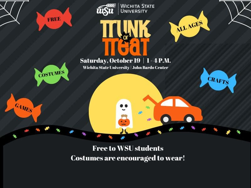 Get into the Halloween Spirit by attending Trunk or Treat on Oct 19 from 1-4PM at the Jon Bardos center parking lot. Costumes are encouraged and WSU students are free to attend!