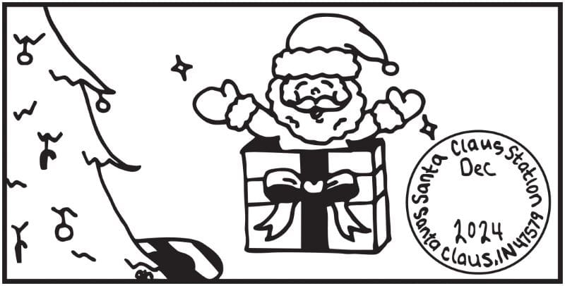 USPS December 2024 postmark for Santa Claus, Indiana 47579 depicting Santa Claus emerging from a wrapped present near a decorated Christmas tree.