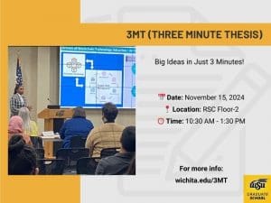 3MT (THREE MINUTE THESIS).Big Ideas in Just 3 Minutes! Date: November 15, 2024 , Location: RSC Floor-2 .Time: 10:30 AM - 1:30 PM . For more info:  wichita.edu/3MT
