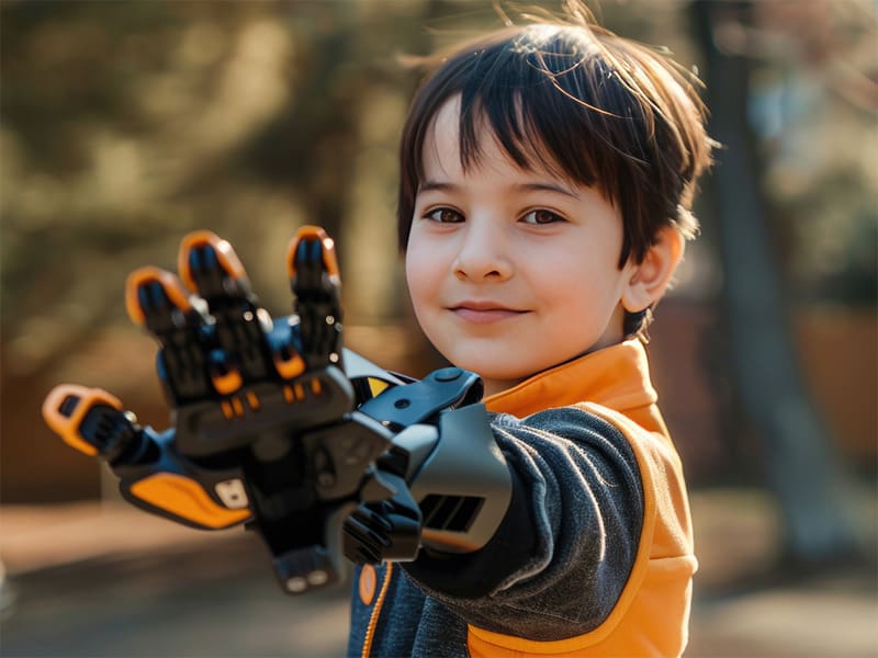 A child uses a robotic prosthetic arm to wave to the camera