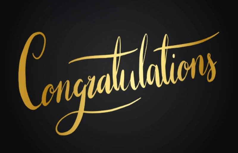 "Congratulations" in gold, cursive font on a black background