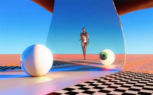 A surreal scene with a golden female figure, an eyeball, and a white ball in an abstract setting.