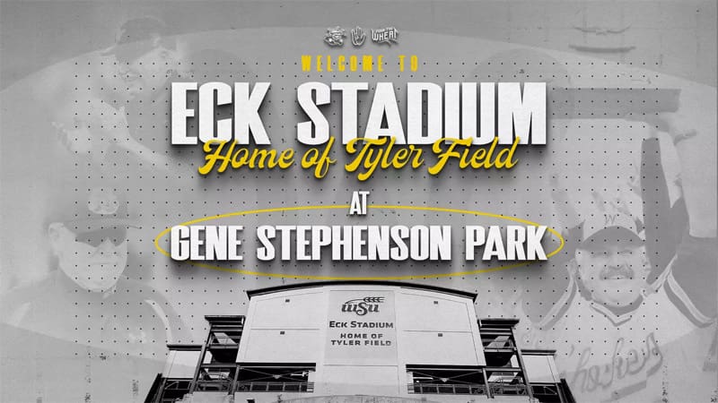 Photos of Eck Stadium and Gene Stephenson with the text, "Welcome to Eck Stadium, Home of Tyler Field at Gene Stephenson Park"