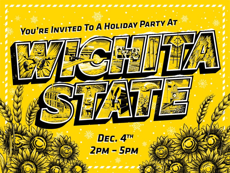 The Wichita State mural in the Rhatigan Student Center sits on a yellow background with sunflowers and the text, "You're invited to a holiday party at Wichita State Dec. 4 2-5 p.m."