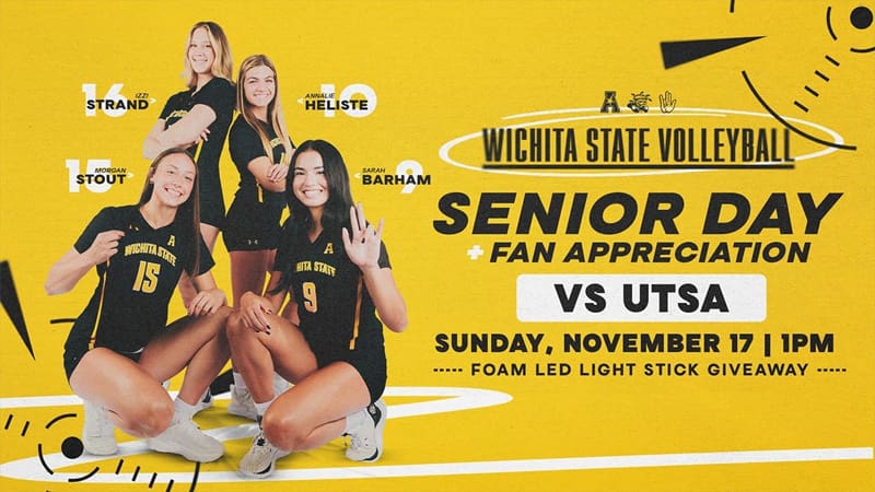 Wichita State Volleyball Senior Day and Fan Appreciation Day vs UTSA. Sunday, November 17th | 1PM. Foam LED Light Stick Giveaway