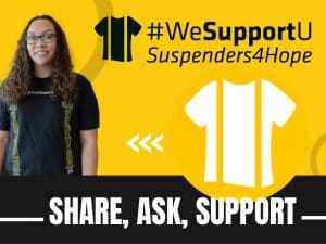 A Shocker wearing their Suspenders4Hope T-shirt with the text, "Share, Ask, Support"