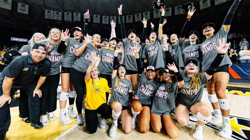 Shocker volleyball celebrates after winning the AAC conference tournament