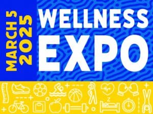Wellness Expo March 5, 2025. Icons depicting different "wellness" scenarios like an apple, basketball, swimming, and bicycle