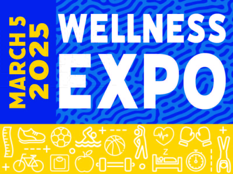 Wellness Expo March 5, 2025. Icons depicting different "wellness" scenarios like an apple, basketball, swimming, and bicycle