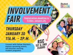 Flyer has images of students in the background and to the right. Large heading text reads Involvement Fair, date January 30, 11am to 2pm on the RSC 1st and 2nd floor.