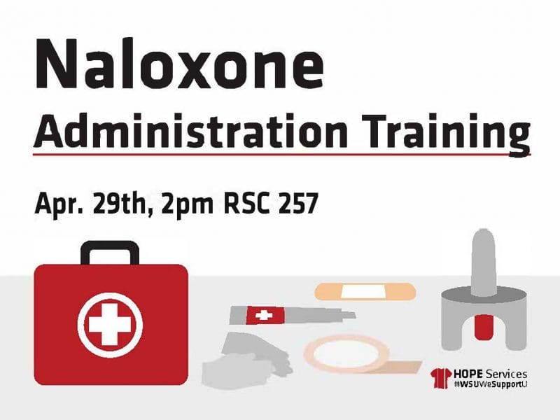 Naloxone Administration Training April 29th at 2 pm in RSC room 257. Parts of a first aid kit below the caption.