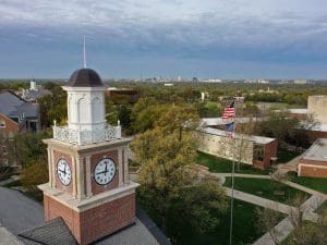 The Morrison Hall clock tower overlooking downtown Wichita
