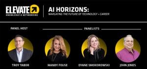 Elevate Knowledge and Networking event logo. Event Title: AI Horizons: Navigating the Future of Technology plus Career. Panel Host headshot: Troy Tabor, director of innovation intelligence, WSU's College of Innovation & Design. Panelists: Headshot: Mandy Fouse, Executive director of public affairs and executive communications, WSU Tech. Headshot: Dyane Smokorowski: Coordinator of Digital Literacy, Wichita Public Schools. Headshot: John Jones: Executive Director of the Media Resources Center, Wichita State.