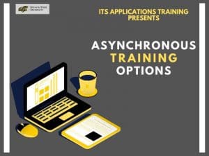 Image with picture of laptop and the following text: ITS Applications Training Presents Asynchronous Training Options