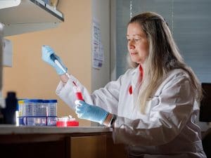 Photograph of Lynda Harris, PhD, pipetting pink cell culture media from plastic tube. Dr. Harris is wearing a white lab coat, while seated at a bench.