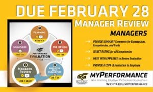 Step 4, manager review, of the annual performance evaluation cycle for non-teaching employees has started and is due February 28. Managers of non-teaching employees can now login to myPerformance, provide summary comments about their employee’s job performance and accomplishments for the year, rate their employee in each competency, and then meet with their employee to deliver their annual performance review.