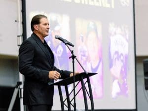 Mike Sweeney speaks at an event on campus