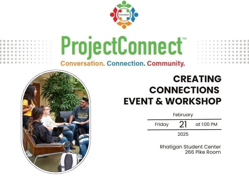 Image contains the ProjectConnect logo as well as an image of studnets along with the workshop event details: Creating Connections Event and Workshop, Friday, February 21, 2025 at 1:00 pm in the Rhatigan Student Center 266, Pike room. RSVP on ShockerSync to attend! Image also includes a QR code to scan for the RSVP link.