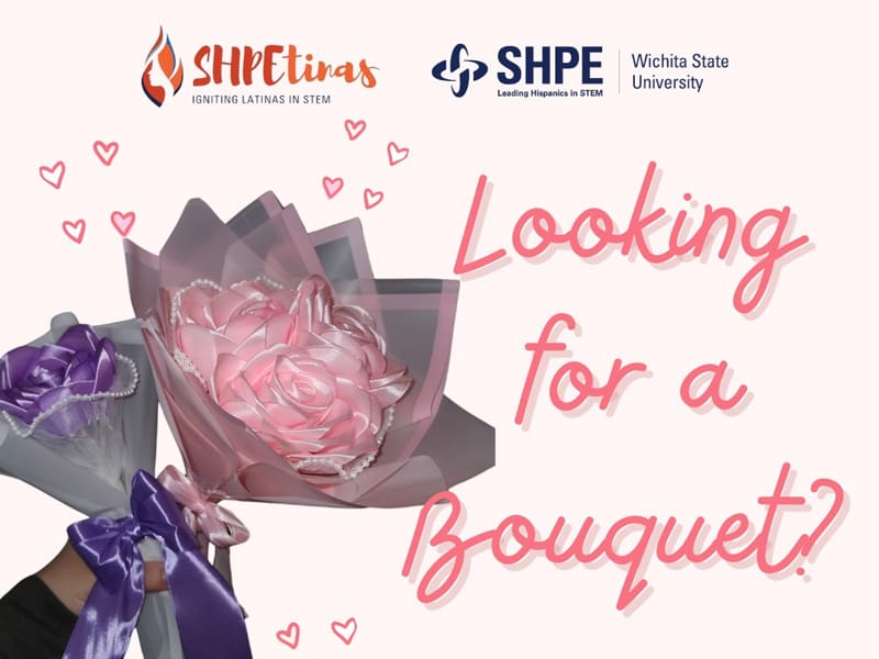 A person holding a bouquet of flowers with the text "Looking for a bouquet?" and the SHPEtinas and SHPE logos