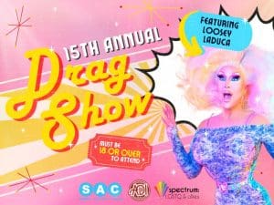 Student Activities Council, Spectrum LGBTQ + and ADI are proud to host the 15th Annual Drag Show. Featuring Loosey LaDuca. Must be 18 or over to attend.