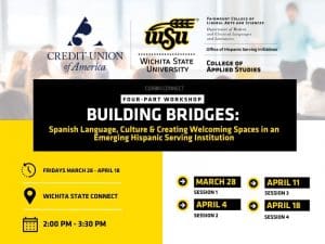 Event Title is Corbin Connect: Four-Part Workshop, Building Bridges: Spanish Language, Culture and Creating Welcoming Spaces in an Emerging Hispanic Serving Institution. Event is Fridays March 28 through April 18 at Wichita State Connect from 2-2:30 pm. Session dates are March 28, April 4, April 11, April 18. Why attend? Engage in experiences to gain a foundational understanding of Spanish language and culture, sample foods from Latin America, earn a professional development certificate upon completing all sessions.
