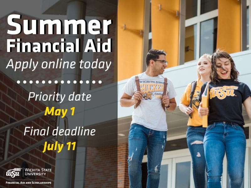 Image of students walking down RSC steps. Text states, "Summer Financial Aid. Apply online today. Priority date May 1. Final deadline July 11."