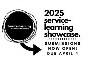 Service-Learning Round Visual Element with arrow pointing to words "2025 service-learning showcase. Submissions now open! Due April 4"
