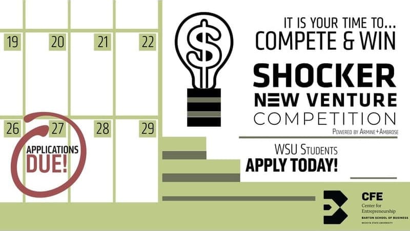 Poster for the Shocker New Venture Competition featuring bold graphics and text highlighting a competition involving innovative ideas and entrepreneurial spirit.