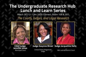 The Undergraduate Research and Creative Activity Hub, Lunch and Learn Series, March 26, 12-1 pm, WSU Connect, Room 106 & 107, The Courts, Judges, and Legal Research, Chief Judge Jennifer Jones, Municipal Court, Judge Gwynne Birzer, United States Magistrate Judge, Judge Jacqueline Kelly, 18th Judicial District Court