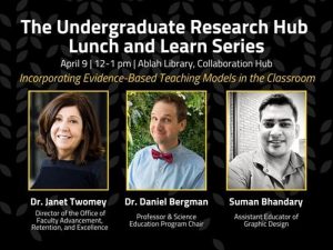 The Undergraduate Research Hub Lunch and Learn Series, April 9 | 12-1 pm | Ablah Library, Collaboration Hub, Incorporating Evidence-Based Teaching Models in the Classroom, Dr. Janet Twomey, Director of the Office of Faculty Advancement, Retention, and Excellence, Dr. Daniel Bergman, Professor & Science Education Program Chair, Suman Bhandary, Assistant Educator of Graphic Design