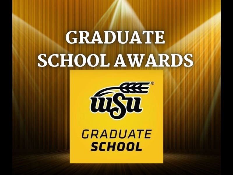 Black and yellow background with a stage and curtain, yellow lighting. Text reading "Graduate School Awards." Below the text is the WSU Grad School logo