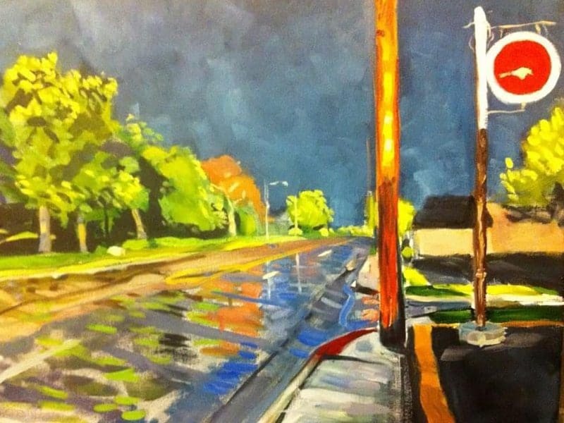 A painting of a rainy street.