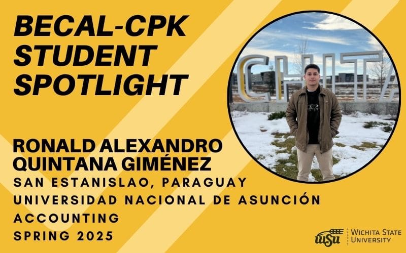 Image of Ronald Alexandro Quintana Gimenez in the snow in front of WSU sign. Image also includes Ronald's information including his major which is accounting, term at WSU which is spring 2025, his hometown in paraguay which is San Estanislao and his home university which is Universidad Nacional de Asuncion