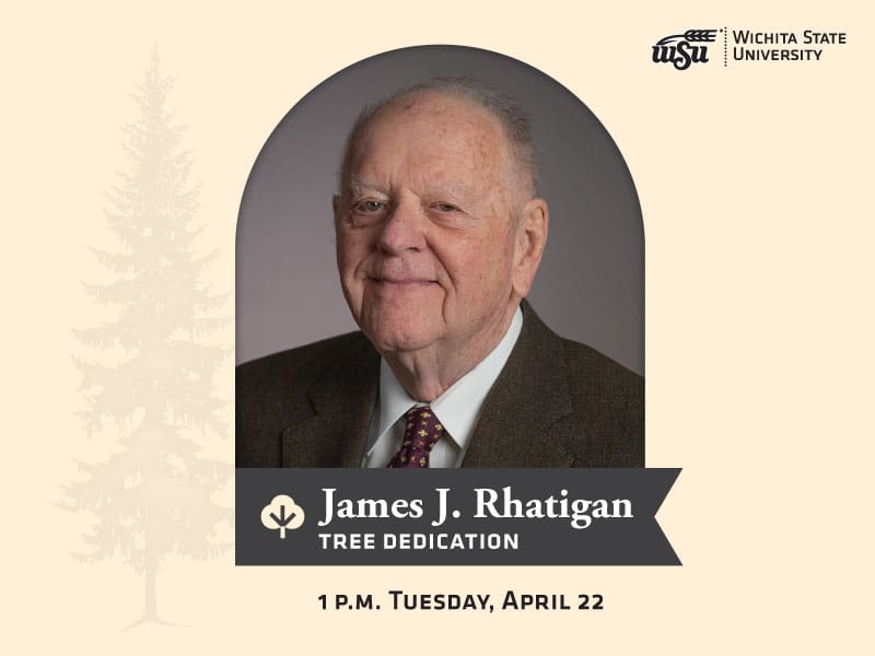 Photo of Jim Rhatigan with the text, "James J. Rhatigan Tree Dedication. 1 p.m. Tuesday, April 22"