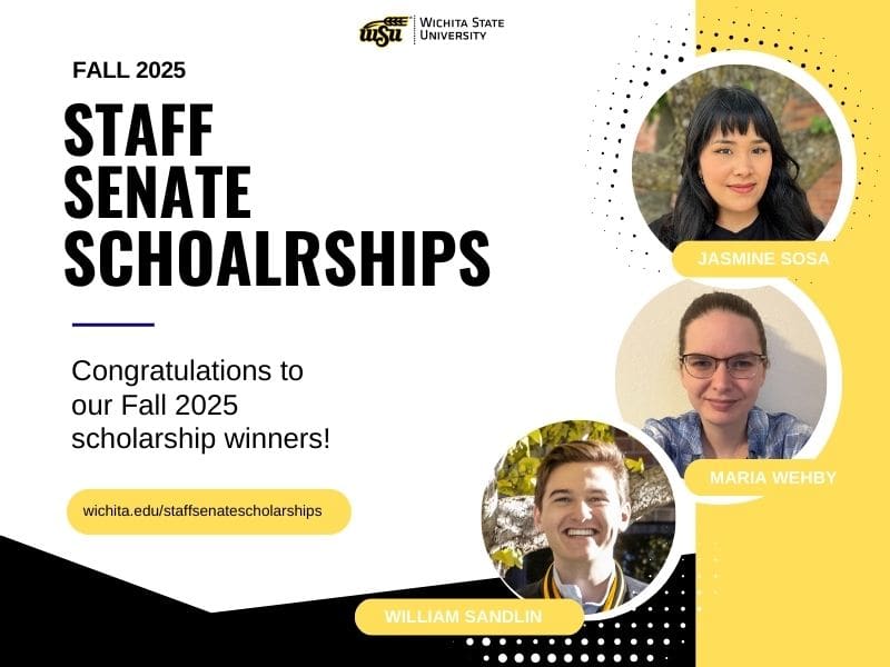 Photos of the Fall 2025 Staff Senate Scholarship winners; Jasmin Sosa, Maria Wehby, and William Sandlin