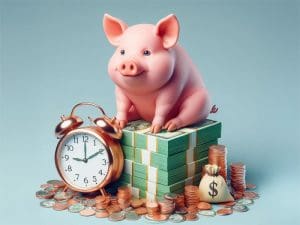 A cartoon pig sits on top of a pile of money with an alarm clock about to go off.