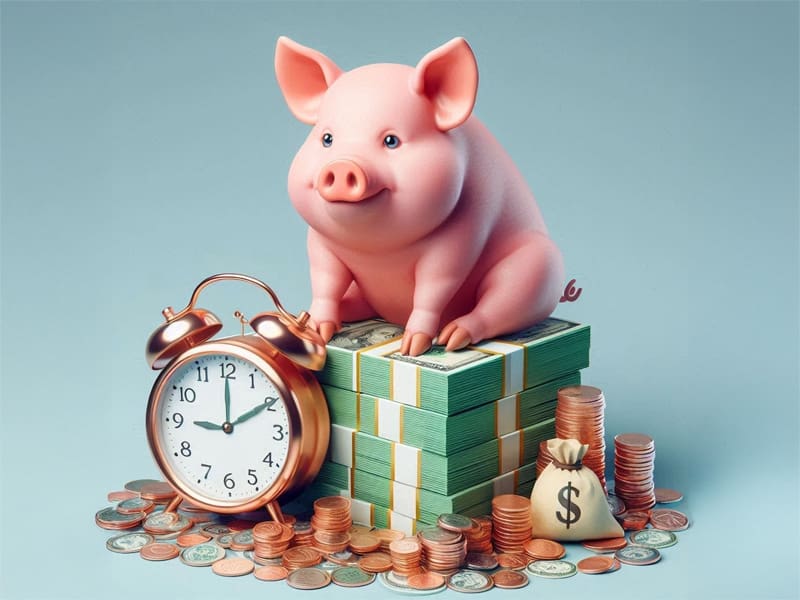 A cartoon pig sits on top of a pile of money with an alarm clock about to go off.