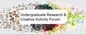 Abstract image of brain with various academic cartoon graphics and the words Undergraduate Research & Creative Activity Forum