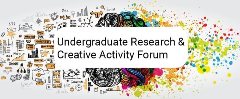 Abstract image of brain with various academic cartoon graphics and the words Undergraduate Research & Creative Activity Forum
