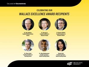 Celebrating Our Wallace Excellence Award Recipients | Dr. John Watkins, Faculty Lifetime Service | Dr. Shuang Gu and Dr. Bayram Yildirim, Faculty Excellence in Research | Dr. Ehsan Salari, Faculty Excellence in Teaching | Dr. Vijay Matheswaran and Manira Rani, Faculty Experience-Based Learning