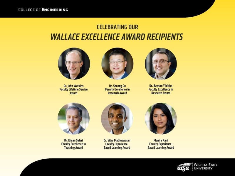 Celebrating Our Wallace Excellence Award Recipients | Dr. John Watkins, Faculty Lifetime Service | Dr. Shuang Gu and Dr. Bayram Yildirim, Faculty Excellence in Research | Dr. Ehsan Salari, Faculty Excellence in Teaching | Dr. Vijay Matheswaran and Manira Rani, Faculty Experience-Based Learning
