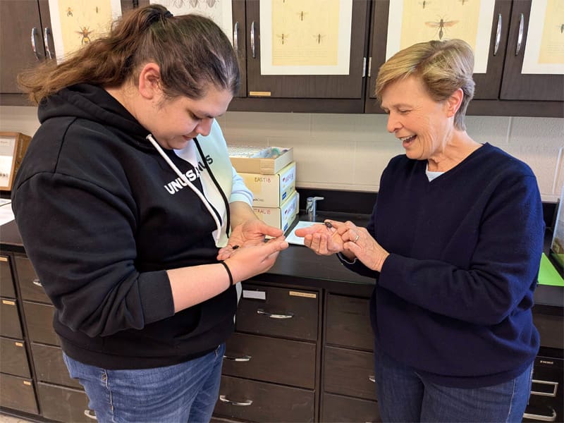 Mary Liz Jameson shows off her family of dung beetles to a student