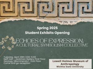 Ornate spiral architecture lines the top of the graphic and breaks into the text, "Spring 2025 Students Exhibits opening - Echoes of Expression: A Cultural Symbolism Collective" with information on the time, date and place.