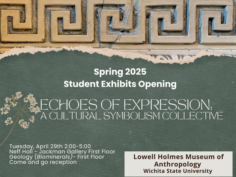 Ornate spiral architecture lines the top of the graphic and breaks into the text, "Spring 2025 Students Exhibits opening - Echoes of Expression: A Cultural Symbolism Collective" with information on the time, date and place.
