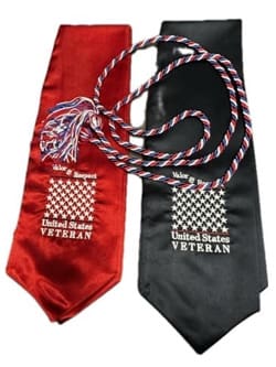 Graduation stoles (red and blue) and cord (twisted red, white and blue)