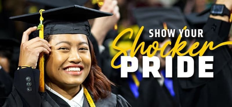 A graduating student moves her tassel with the words "Show your Shocker Pride" in front of the image.