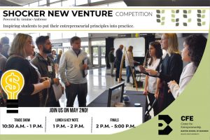 Promotional image for the Shocker New Venture Competition powered by Armine+Ambrose. The photo shows students and judges engaging at a trade show booth inside a large hall. The event agenda reads: Trade Show from 10:30 A.M. – 1 P.M., Lunch & Keynote from 1 P.M. – 2 P.M., and Finals from 2 P.M. – 5 P.M. The image includes icons like a lightbulb with a dollar sign and logos for the Center for Entrepreneurship at Wichita State University.
