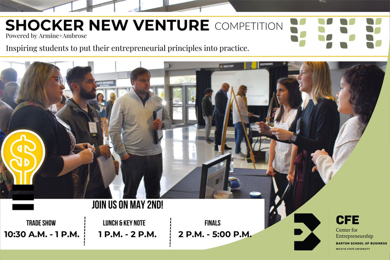 Promotional image for the Shocker New Venture Competition powered by Armine+Ambrose. The photo shows students and judges engaging at a trade show booth inside a large hall. The event agenda reads: Trade Show from 10:30 A.M. – 1 P.M., Lunch & Keynote from 1 P.M. – 2 P.M., and Finals from 2 P.M. – 5 P.M. The image includes icons like a lightbulb with a dollar sign and logos for the Center for Entrepreneurship at Wichita State University.